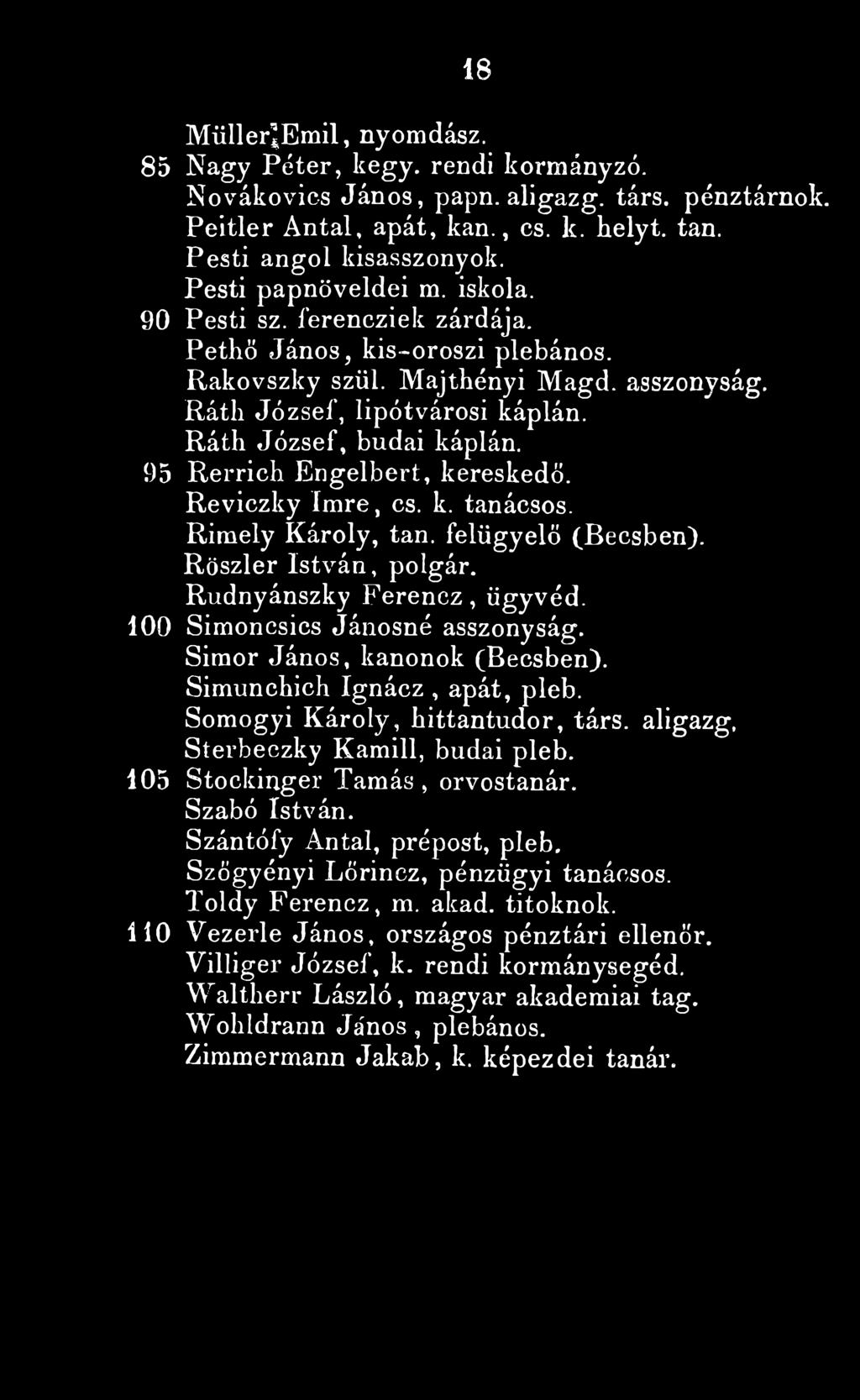 95 Rerrich Engelbert, kereskedő. Reviczky Imre, cs. k. tanácsos. Rimely Károly, tan. felügyelő (Becsben). Röszler István, polgár. Rudnyánszky Ferencz, ügyvéd. 100 Simoncsics Jánosné asszonyság.