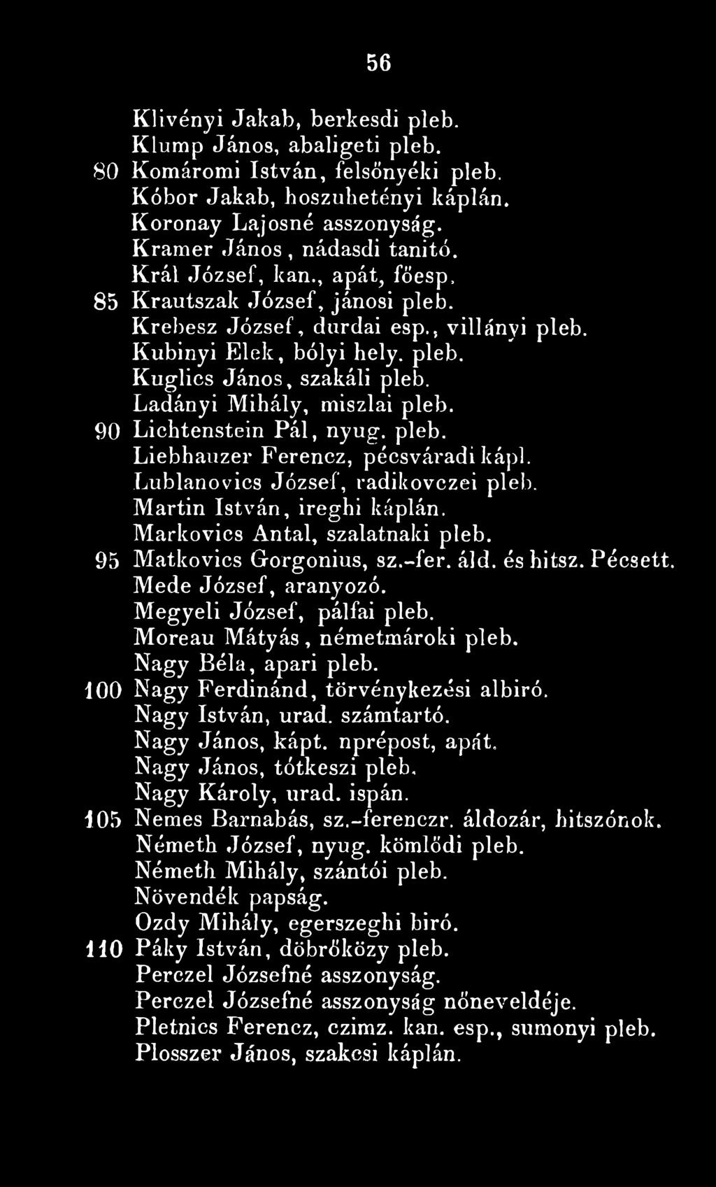 90 Lichtenstein Pál, nyug. pleb. Liebhauzer Ferencz, pécsváradi kápl. Lublanovics József, radikovczei pleb. Martin István, ireghi káplán. Markovics Antal, szalatnaki pleb. 95 Matkovics Gorgonius, sz.