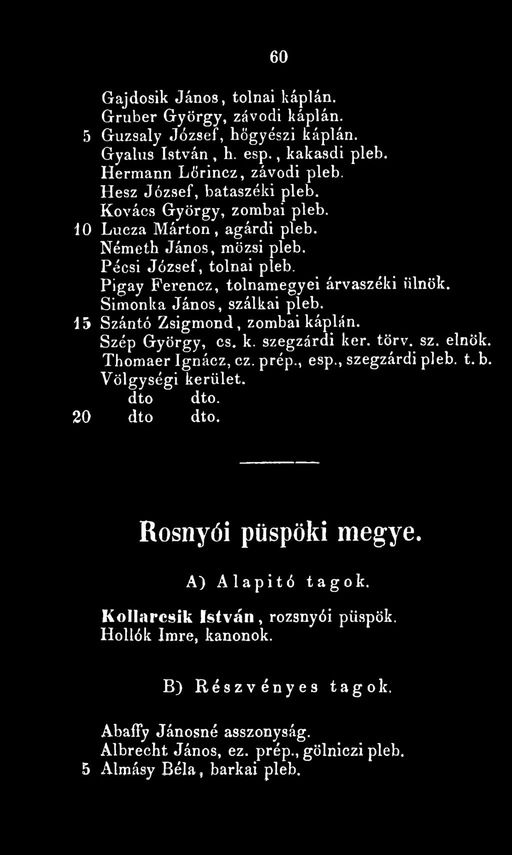 1 5 Szántó Zsigmond, zombai káplán. Szép György, cs. k. szegzárdi kér. törv. sz. elnök. Thomaer Ignácz, ez. prép., esp., szegzárdi pleb. t. b. Yölgységi kerület, dto dto. 20 dto dto.