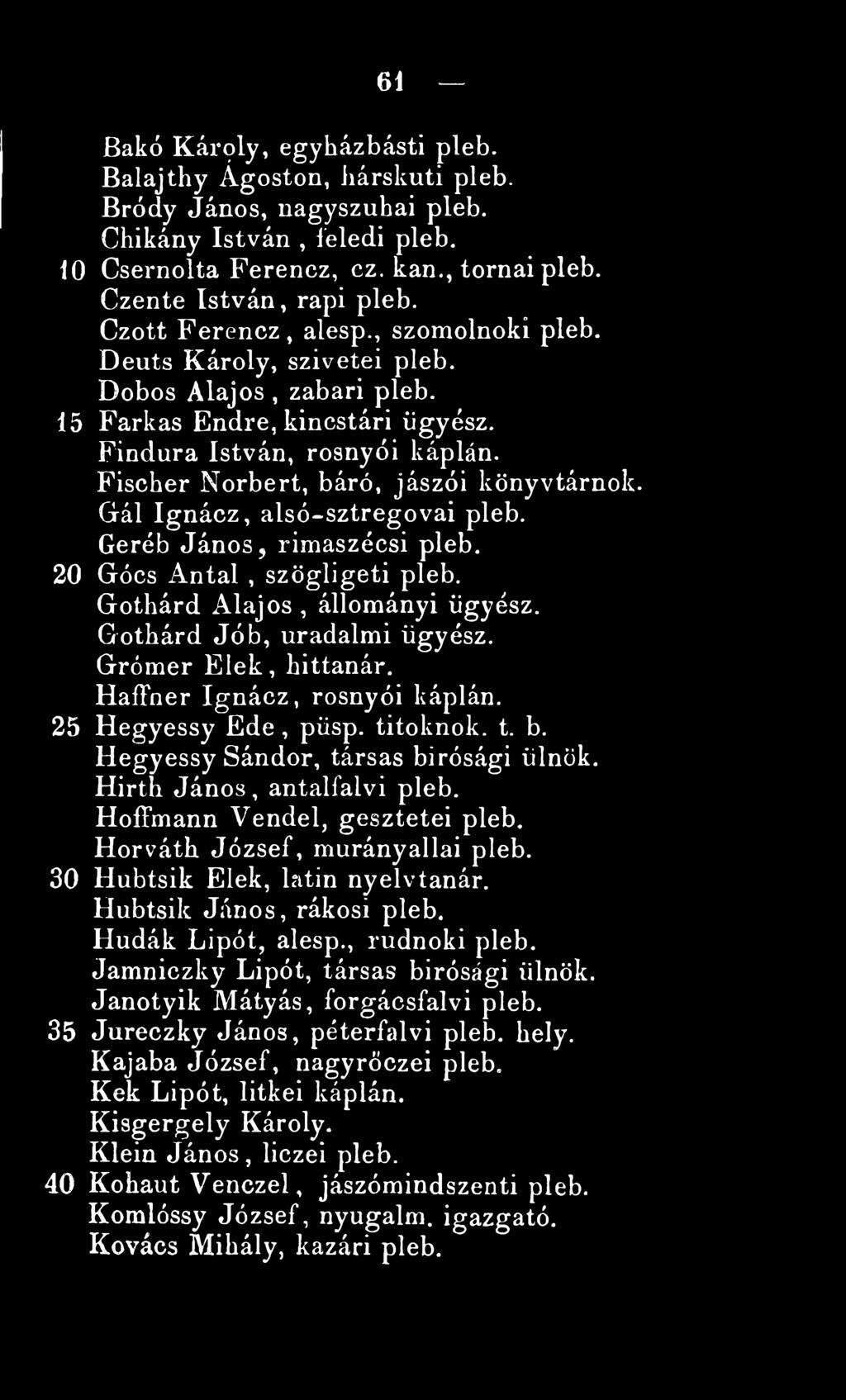 Fischer Norbert, báró, jászói könyvtárnok. Gál Ignácz, alsó-sztregovai pleb. Geréb János, rimaszécsi pleb. 20 Gócs A n tal, szögligeti pleb. Gothárd Alajos, állományi ügyész.