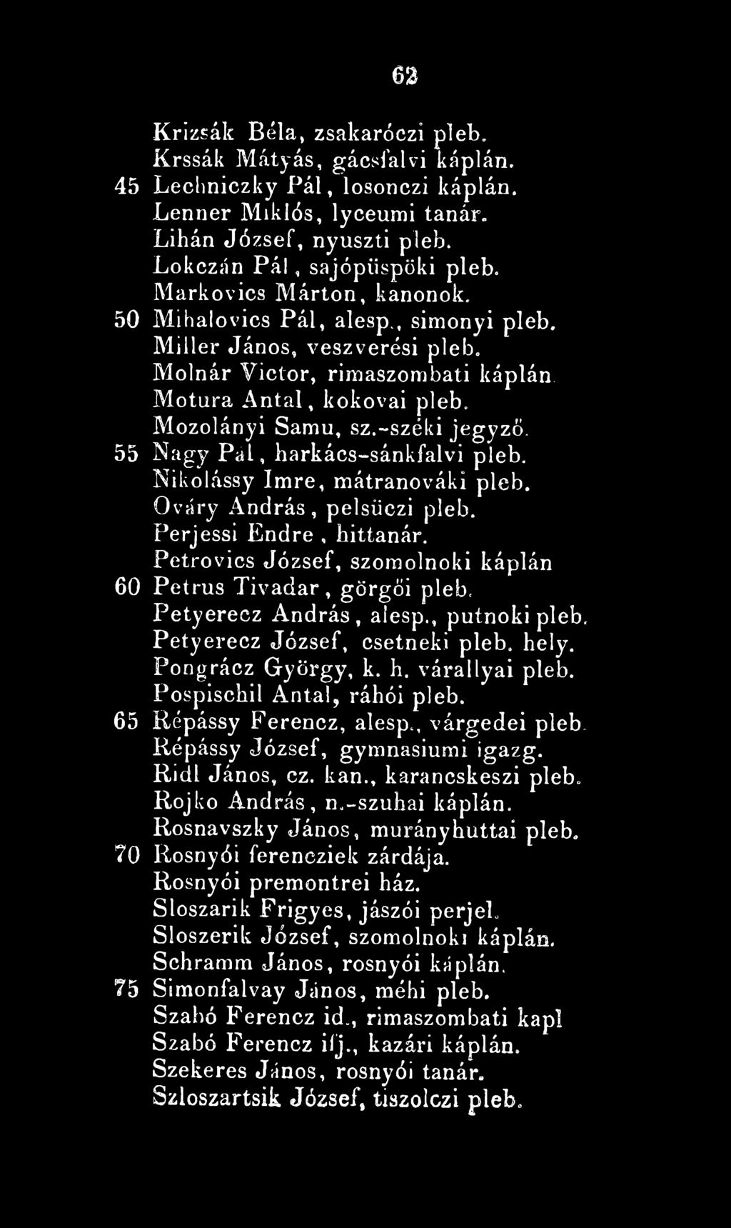 Mozolányi Samu, sz.-széki jegyző. Nagy Pál, harkács-sánkfalvi pleb. Nikolássy Imre, mátranováki pleb. Ováry András, pelsüczi pleb. Perjessi Endre, hittanár.