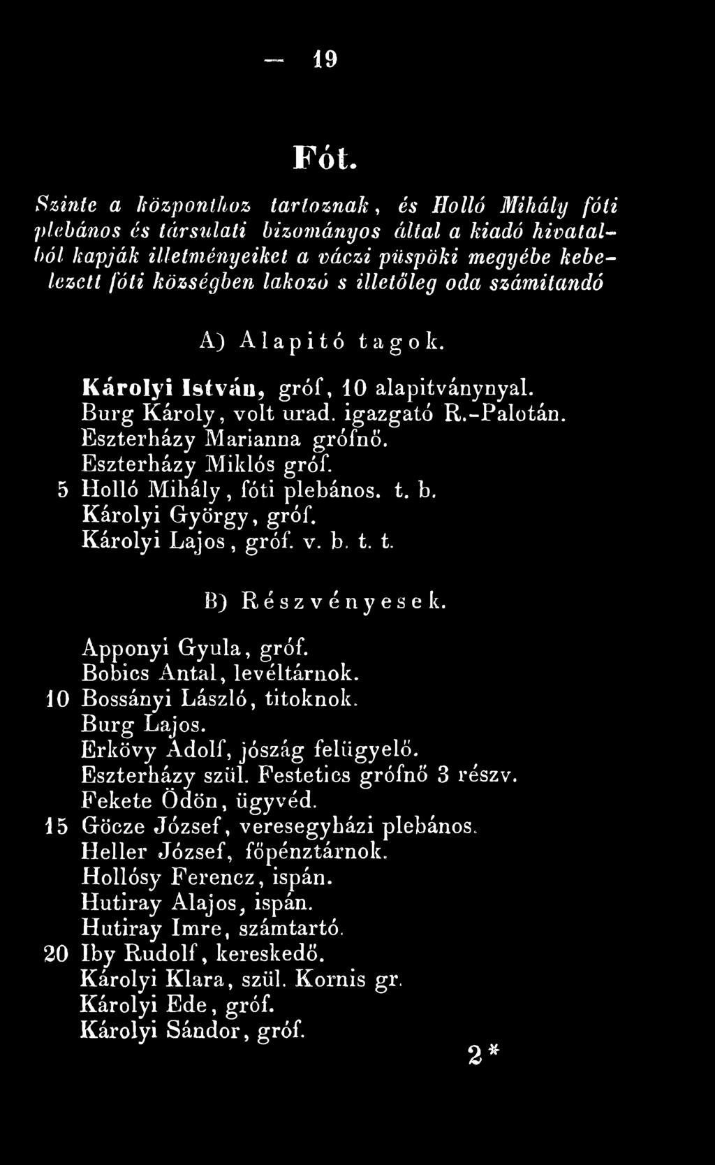 illetőleg oda számítandó A) A 1 a p i t ó tagok. Károlyi István, gróf, 10 alapitványnyal. Burg Károly, volt urad. igazgató R.-Palotán. Eszterházy Marianna grófnő. Eszterházy Miklós gróf.