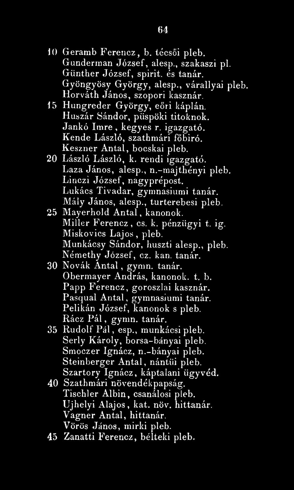 Laza János, alesp., n.-majthényi pleb. Linczi József, nagyprépost. Lukács Tivadar, gymnasiumi tanár. JVlály János, alesp., turterebesi pleb. 25 Mayerhoid Antal, kanonok. Miller Ferencz, cs. k. pénzügyi t.
