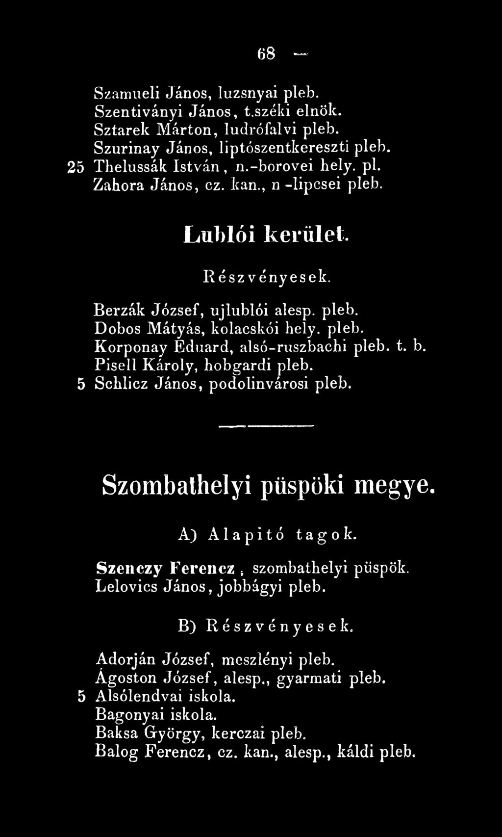 Pisell Károly, hobgardi pleb. 5 Schlicz János, podolinvárosi pleb. Szombathelyi püspöki m egye. A ) Alapitó tagok. Szenczy Ferencz, szombathelyi püspök. Lelovics János, jobbágyi pleb.