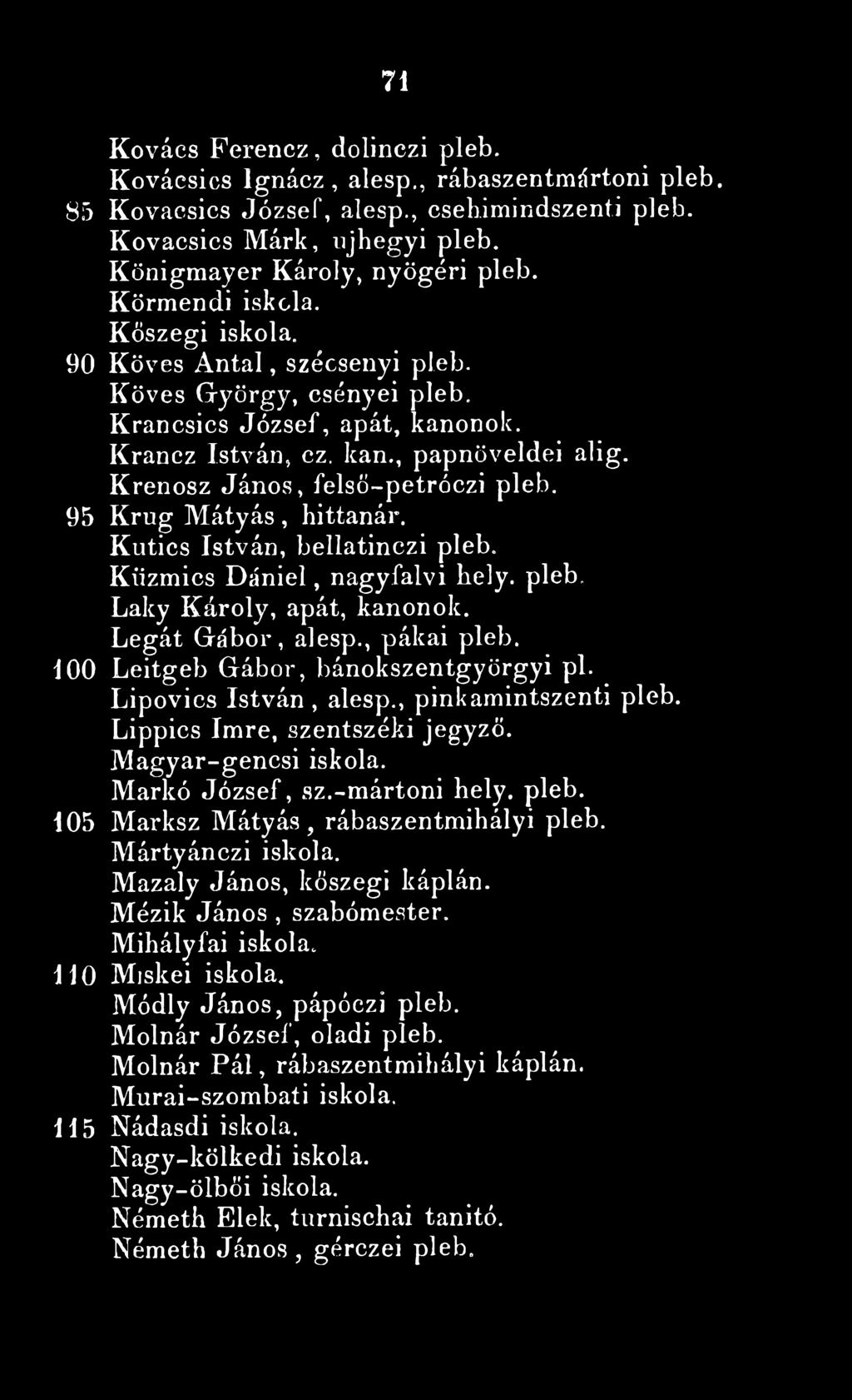 Krenosz János, felső-petróczi pleb. 95 Krug Mátyás, hittanár. Kutics István, bellatinczi pleb. Kűzmics Dániel, nagyfalvi hely. pleb. Laky Károly, apát, kanonok. Legát Gábor, alesp., pákái pleb.