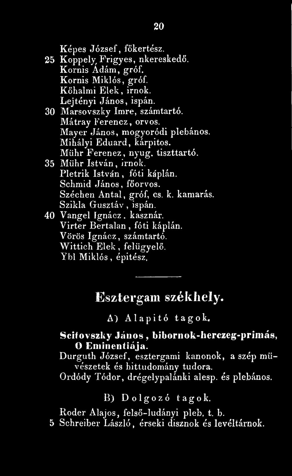 Szikla Gusztáv, ispán. 40 Vangel Ignácz. kasznár. Virter Bertalan, fóti káplán. Vörös Ignácz, számtartó. Wittieh E lek, felügyelő. Ybl M iklós, épitész, Esztergám székhely. A) Alapitó tagok.