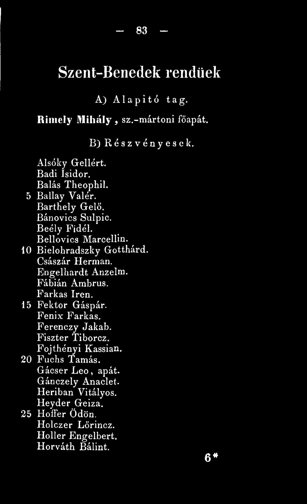 Fiszter Tiborcz. Fojthényi Kassian. 20 Fuchs Tamás. Gáeser L e ó, apát. Gánczely Anaclet.