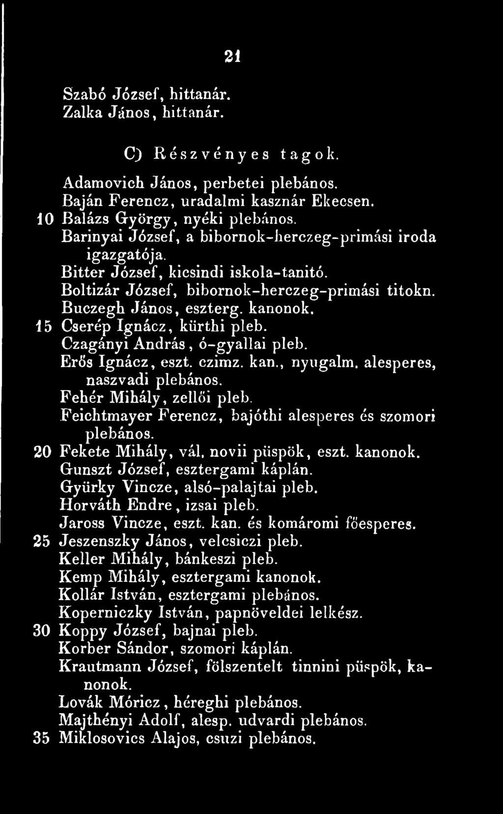 kanonok, 15 Cserép Ignácz, kürthi pleb. Czagányi András, ó-gyallai pleb. Erős Ignácz, észt. czimz. kan., nyugalm, alesperes, naszvadi plébános. Fehér Mihály, zellői pleb.