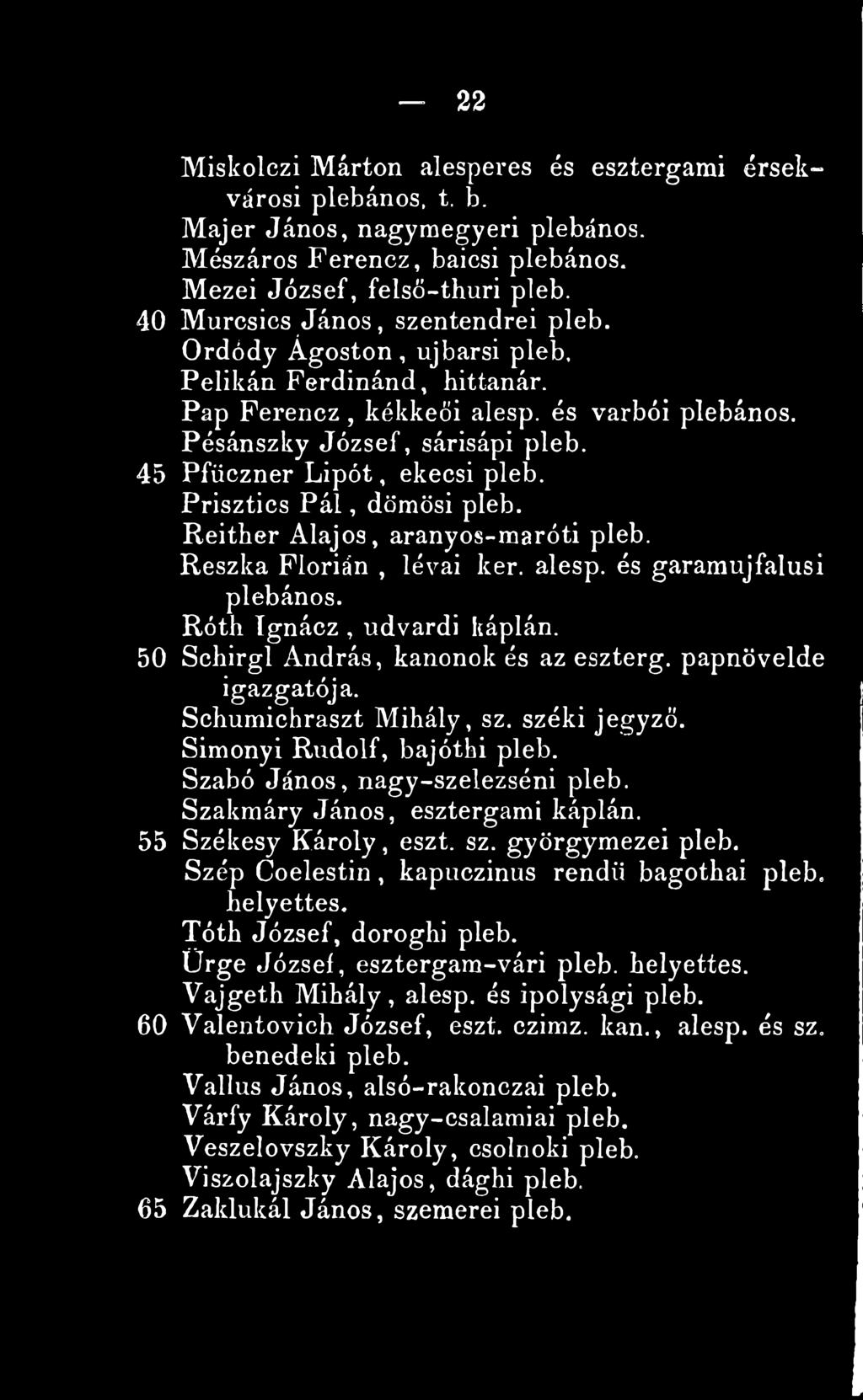 45 Pfüczner L ip ót, ekecsi pleb. Prisztics P á l, dömösi pleb. Reither Alajos, aranyos-maróti pleb. Reszka Flórián, lévai kér. alesp. és garamujfalusi plébános. Róth Ignácz, udvardi káplán.