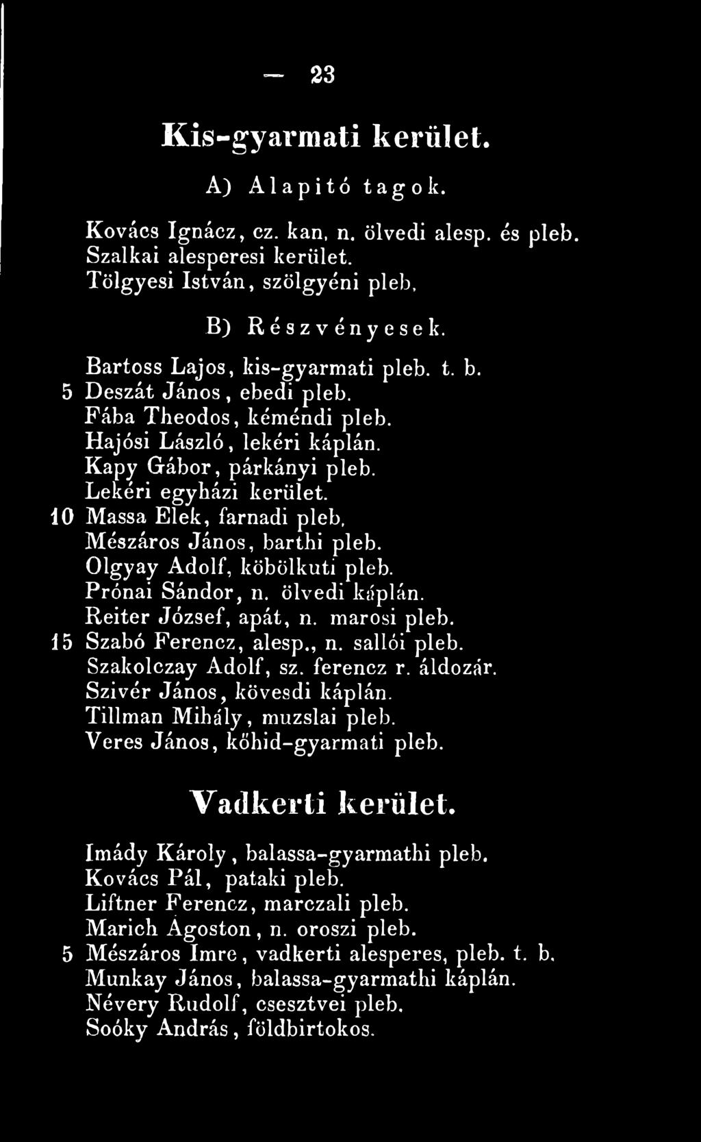 10 Mássá Elek, farnadi pleb, Mészáros János, barthi pleb. Olgyay Adolf, köbölkuti pleb. Prónai Sándor, n. ölvedi káplán. Reiter József, apát, n. marosi pleb. 15 Szabó Ferencz, alesp., n. sallói pleb.