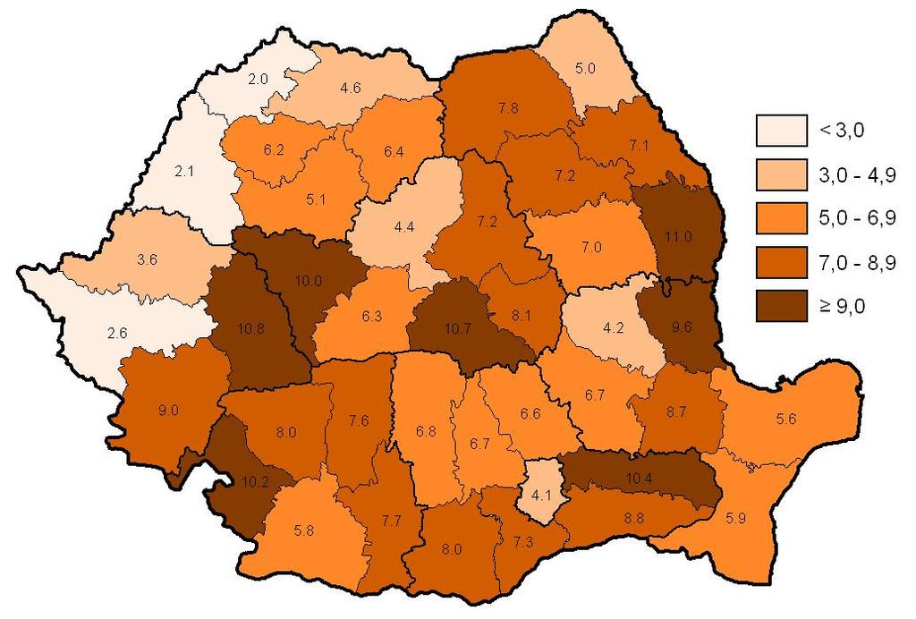 VII.1.b. Piaţa muncii Analiza pieţei muncii la nivelul României, evidenţiază faptul că partea vestică a ţării, de lângă graniţă, este într-o situaţie mai bună decât restul ţării.