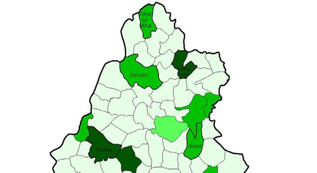 Figura nr.vii. 7: Şcoli medii în localităţile judeţului Bihor 1. În localitate funcţionează mai multe şcoli medii, 2. în localitate funcţionează o şcoală medie, 3.
