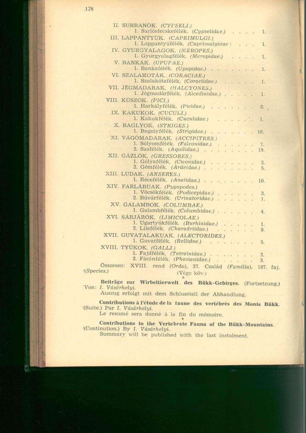 II. SURRANOK. (CYFSELI.) 1. Sai-lósíecskefélék. (Cypselidae.).... 1. III. LAPPANTYÚK. (CAPRIMULGI.) 1. Lappantyúfélék. (Caprimulgitíae}... 1. IV. GYURGYALAGOK. (MEROPES.) 1. Gyurgyalagfélék.