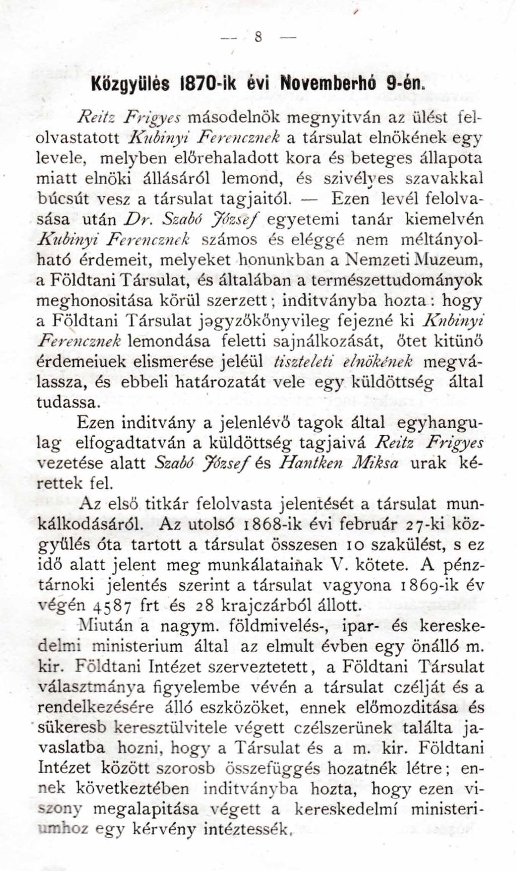 8 Közgyűlés 1870-ik évi Novemberhó 9-én.