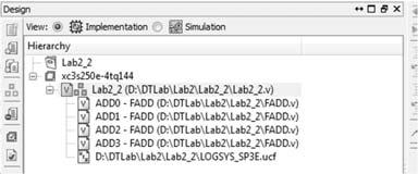 Lab2_2 feladat: FADD példányosítás Az ellenőrzött modul beépítése 4 példányban, lineáris kaszkádosítással Az a[3:0], b[3:0] és sum[3:0] jelek használata értelemszerű Az átviteljelek c[4:0] lánca adja