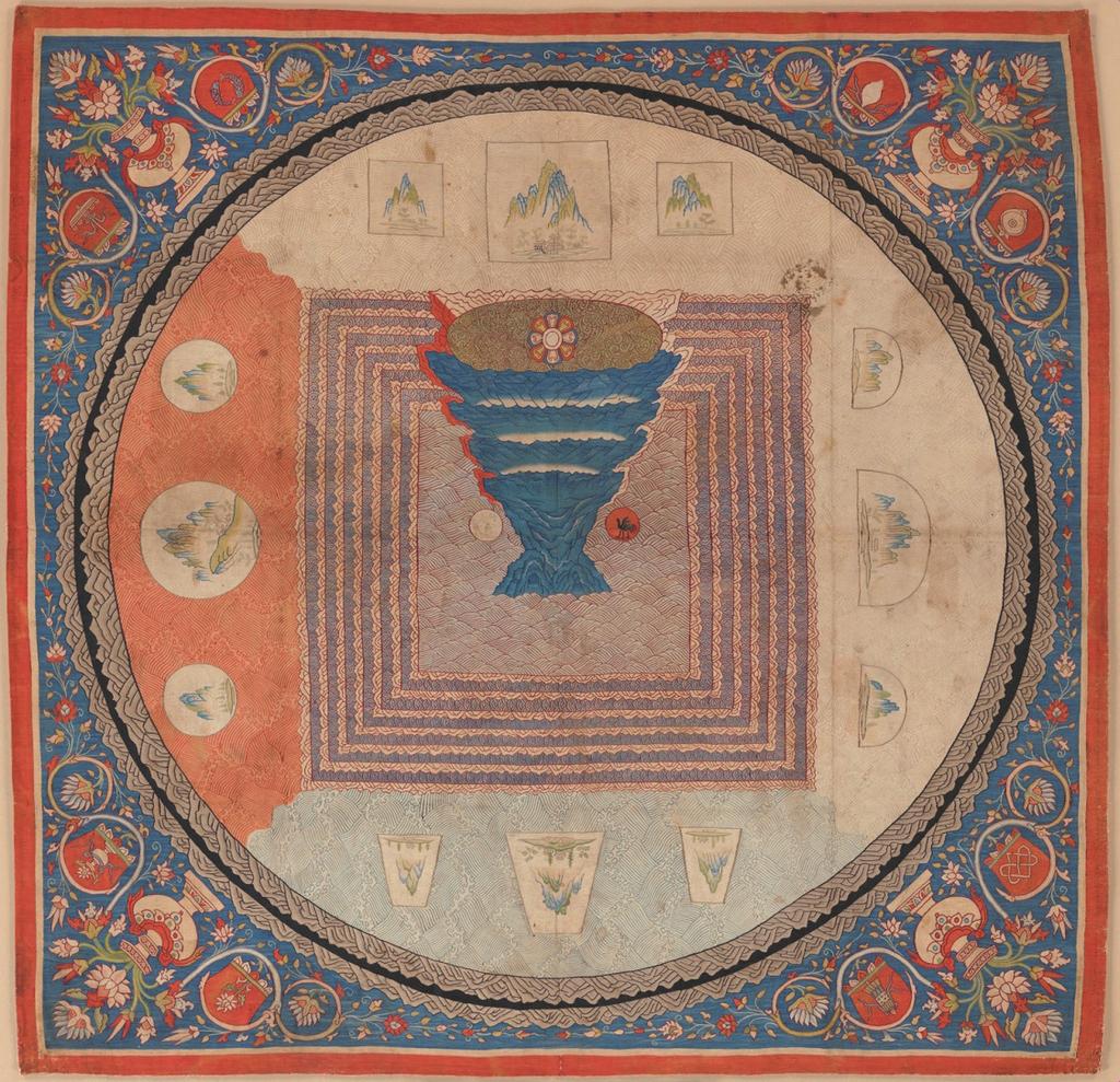 BUDDHISTA KOZMOLÓGIAI ELEMEK A MONGOL NÉPVALLÁSBAN 1. kép A Méru hegy buddhista ábrázolása (selyem falikárpit [kesi 緙絲], 83.8 x 83.8 cm, Yuan-dinasztia, 14. sz.