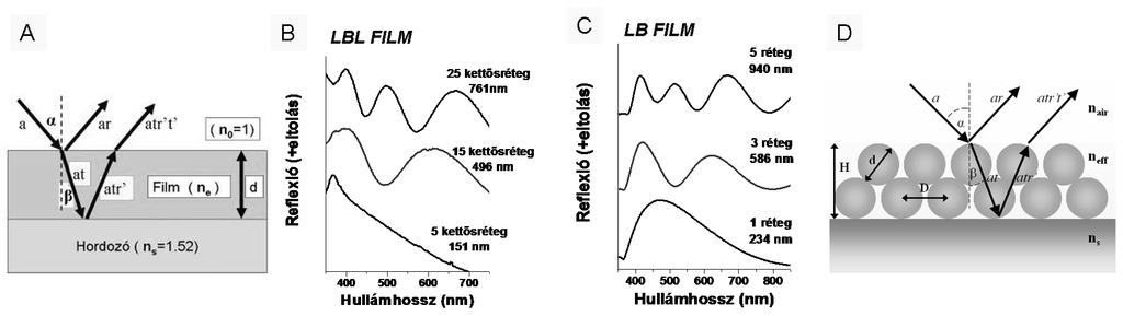 következő egyenletet kaptuk: I r ~ r 2 +r 2 (1-r 2 ) 2 +2rr (1-r 2 )cos(4πn e dcosβ / λ), (1) ahol r a film felületének amplitúdó reflexiója, t a ritkább közeg felőli áthaladás amplitúdó