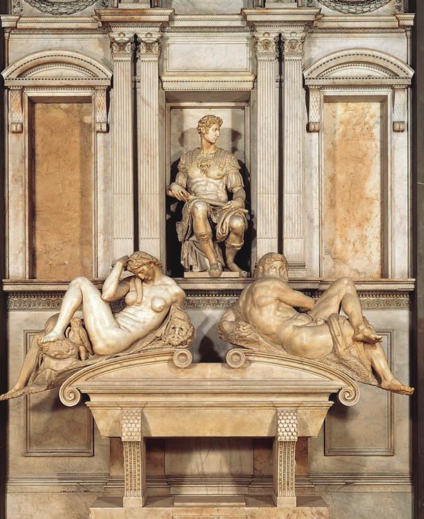 Reneszánsz művészet Michelangelo: Giuliano de Medici síremléke (1521 1534), márvány, Firenze, San Lorenzo-bazilika A síremlék allegorikus alakjai Giuliano szarkofágján a fekvő alakok, a Nappal és az