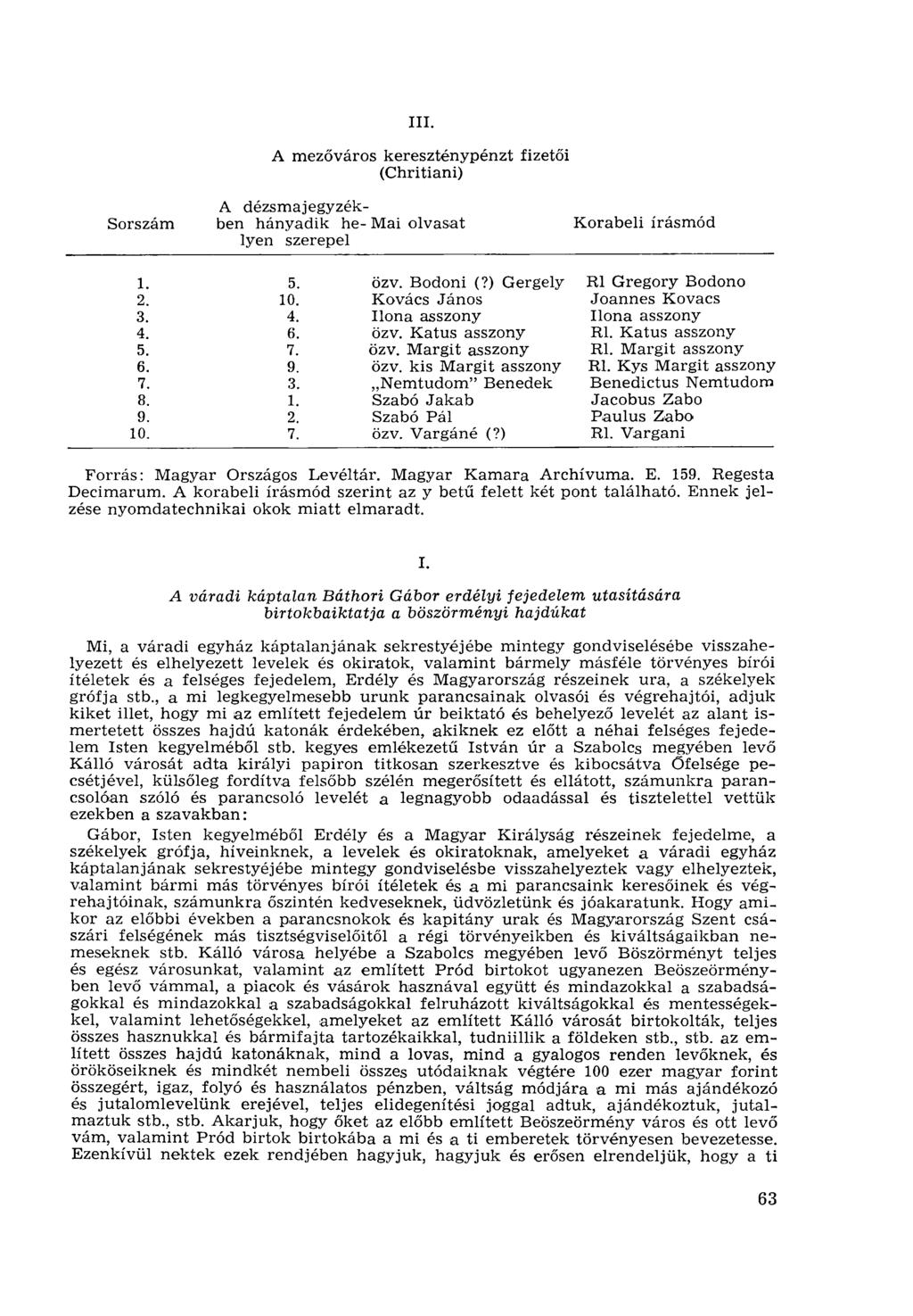 Sorszám III. A mezőváros kereszténypénzt fizetői (Chritiani) A dézsmajegyzékben hányadik he- Mai olvasat lyen szerepel Korabeli írásmód 1. 2. 3. 4. 5. 6. 7. 8. 9. 10. 5. 10. 4. 6. 7. 9. 3. 1. 2. 7. özv.