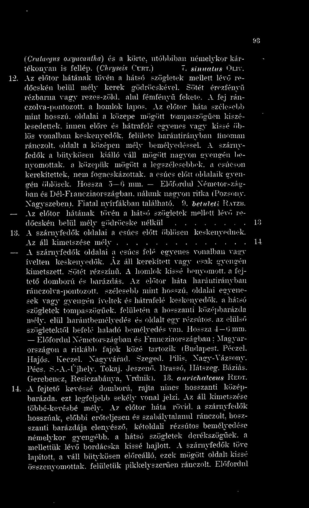 Az eltör háta szélesebb mhit hosszú, oldalai a közepe mögött tompaszögén kiszélesedettek, innen elre és hátrafelé egyenes vagy ki~~*'' ^blös vonalban keskenyedk, felülete harántirányban linnman
