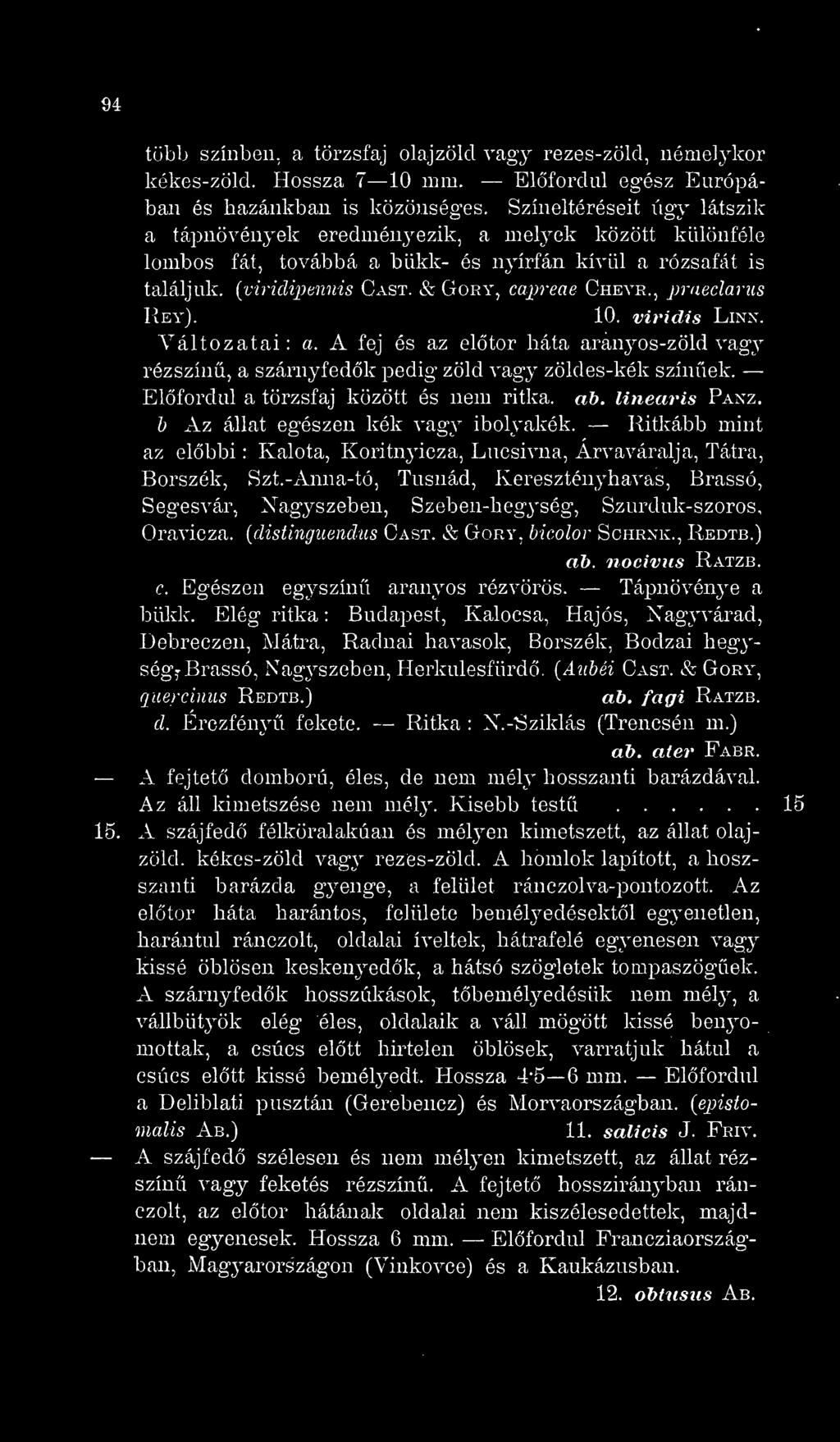 , praeclariis IvEy). 10. viridis Linn. Változatai: a. A fej és az eltör háta aranyos-zöld vagy rézszín, a szárnyfedk pedig zöld vagy zöldes-kék színek. Elfordul a törzsfaj között és nem ritka. ab.