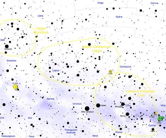 Csillagok 1 m 2 m 3 m 4 m 5 m 6 m 1 5 9 9 38 113 sok fényes csillag igen jellegzetes a fényesek többsége a Scorpius-Centaurus O-B csillagtársuláshoz (asszociáció) tartozik egy óriási molekulafelhőben
