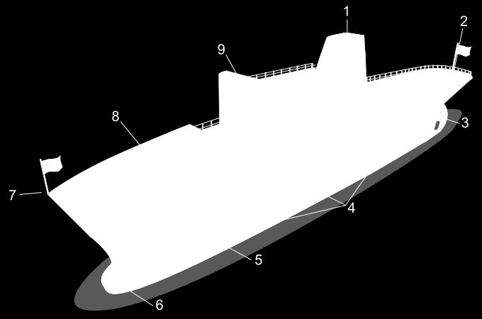 4: hajótest 5: horgony 6: bulba orr 7: orr 8: fedélzet 9: