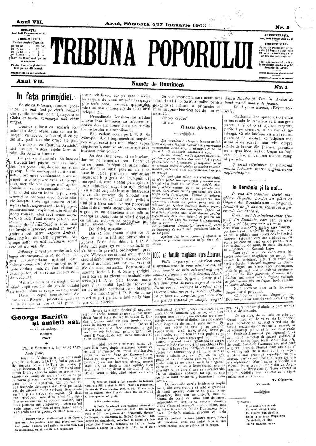 Anul VII. REDACŢIA And, Deik Ferenct-atcze nr. SO, ABONAMENTUL Pentrn Austro-Ungaria: pe un an... 20 oor. pe V 2 an... 10, pe i/ 4 an... 5, «рѳ 1 lună... 2, ţ%ttt de Dumineca pe an 4 coroane.