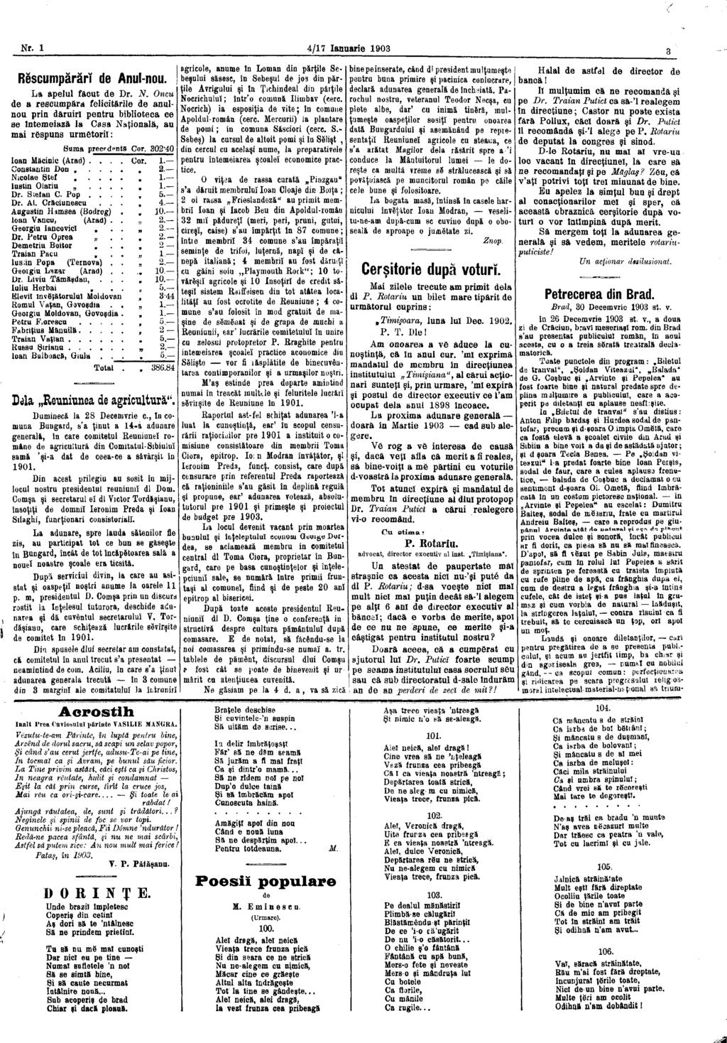 Nr. 1 4/17 Ianuarie 1903 3 Răscumpărări de Anul-nou. La apelul fáeut de Dr. N.