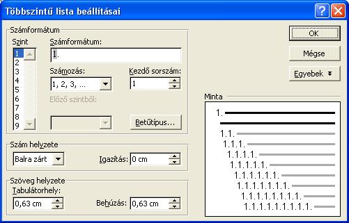 A módosítható adatok például a felsorolásjel, behúzás és mértéke valamint a szín. 5. A beállítás után nyomjuk meg az [OK] gombot! Sorszámozáshoz válasszuk ki a SZÁMOZOTT fület! (Az 1. és 2.
