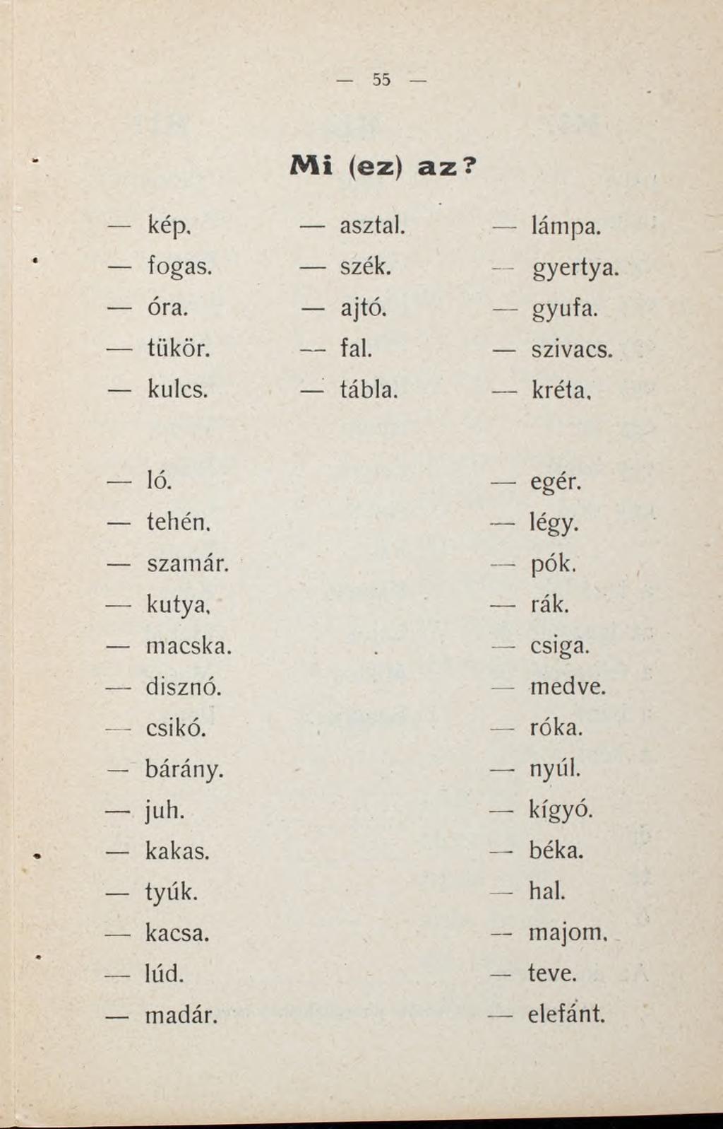 Mi (ez) az? kép. asztal. lámpa. fogas. szék. gyertya. óra. ajtó. gyufa. tükör. fal. szivacs. kulcs. tábla. kréta. ló. egér. tehén. légy. szamár. pók.