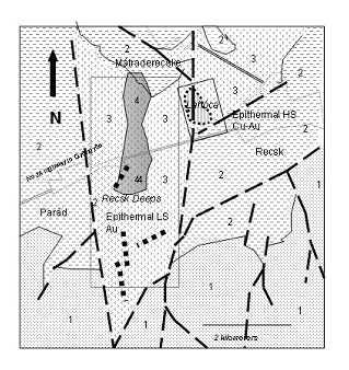 Földtani helyzet Legend: 1 Miocene volcanics and sediments, 2 Oligocene sandstones, siltstones, 3 Eocene-Oligocene andesite and dacite volcanics, 4 Contour of hidden