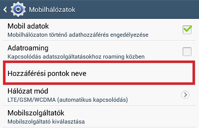 A Mobilhálózatok menün belül találjuk meg a Hozzáférési pont neve