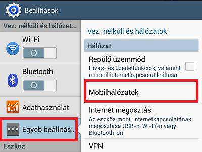 Egyéb beállítások menün belül a