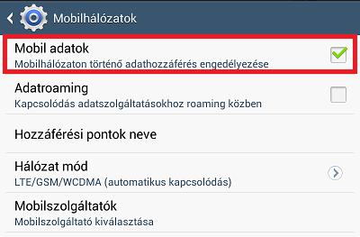 Itt a Mobil adatok bepipálása szükséges a