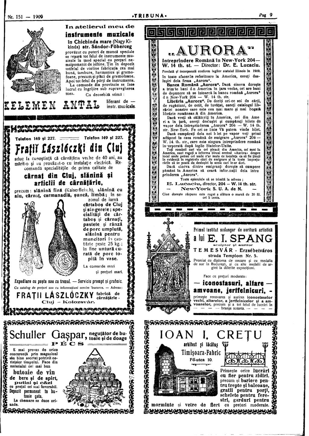 Ѣ. 151-1909 «TRIBUNA* Pag 9 In atelier*vil meu cie instrumente muzicale în Chichinda mare (NagyKikinda) str.