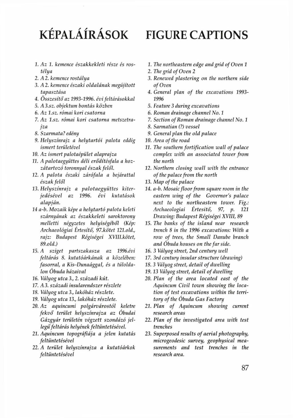 KÉPALÁÍRÁSOK FIGURE CAPTIONS 1. Az 1. kemence északkekleti része és rostélya 2. A2. kemence rostálya 3. A2. kemence északi oldalának megújított tapasztása 4. Összesítő az 1993-1996.