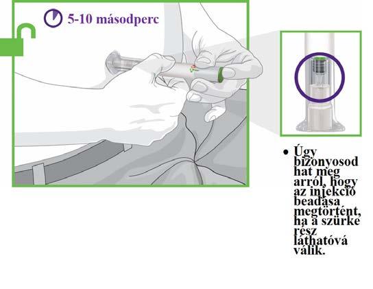 1 VEGYE LE A KUPAKOT Ellenőrizze, hogy az injekciós toll zárt állapotban van. Vegye le és dobja el a szürke zárókupakot. Ne tegye vissza a zárókupakot, mert így megsérülhet a tű. Ne érintse meg a tűt.