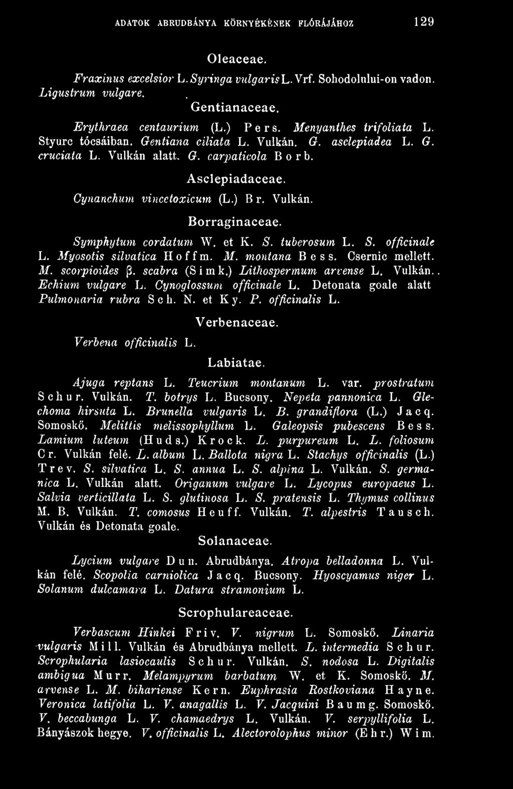 Symphytum cordatum W. et K. S. tuberosum L. S. officináié L. Myosotis silvatica Hoffm. M. montana B e s s. Csernic mellett. M. scorpioides p. scabra (Simk.) Lithospermum arvense L. Vulkán.