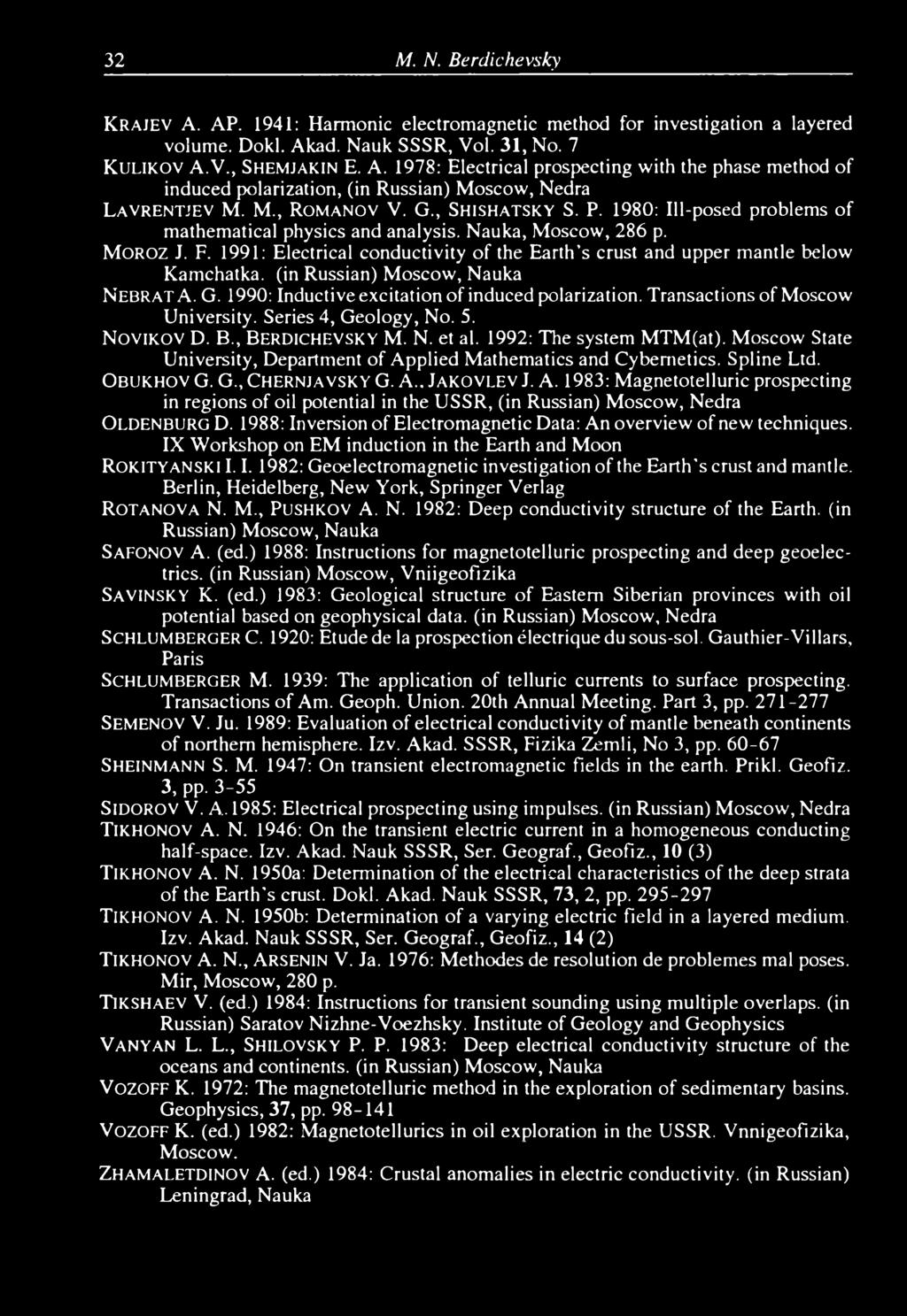 1991: Electrical conductivity of the Earth s crust and upper mantle below Kamchatka, (in Russian) Moscow, Nauka N ebrat A. G. 1990: Inductive excitation of induced polarization.