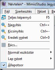 MimioStudio Jegyzetfüzet Nézet menü váltás teljes képernyős nézetre (F5) nagyítás/kicsinyítés, ill.