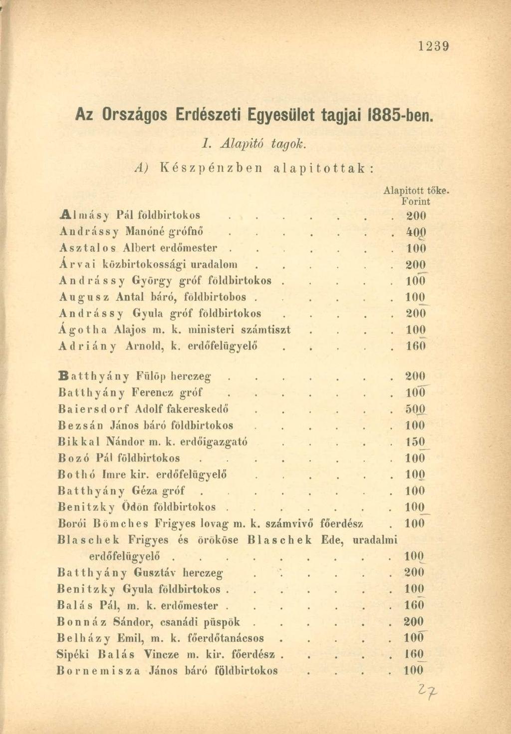 Az Országos Erdészeti Egyesület tagjai 1885-ben. I. Alapító tagok. A) Készpénzben alapítottak: Alapított tőke. Forint Almásy Pál földbirtokos..... 200 Andrássy Manóné grófnő.