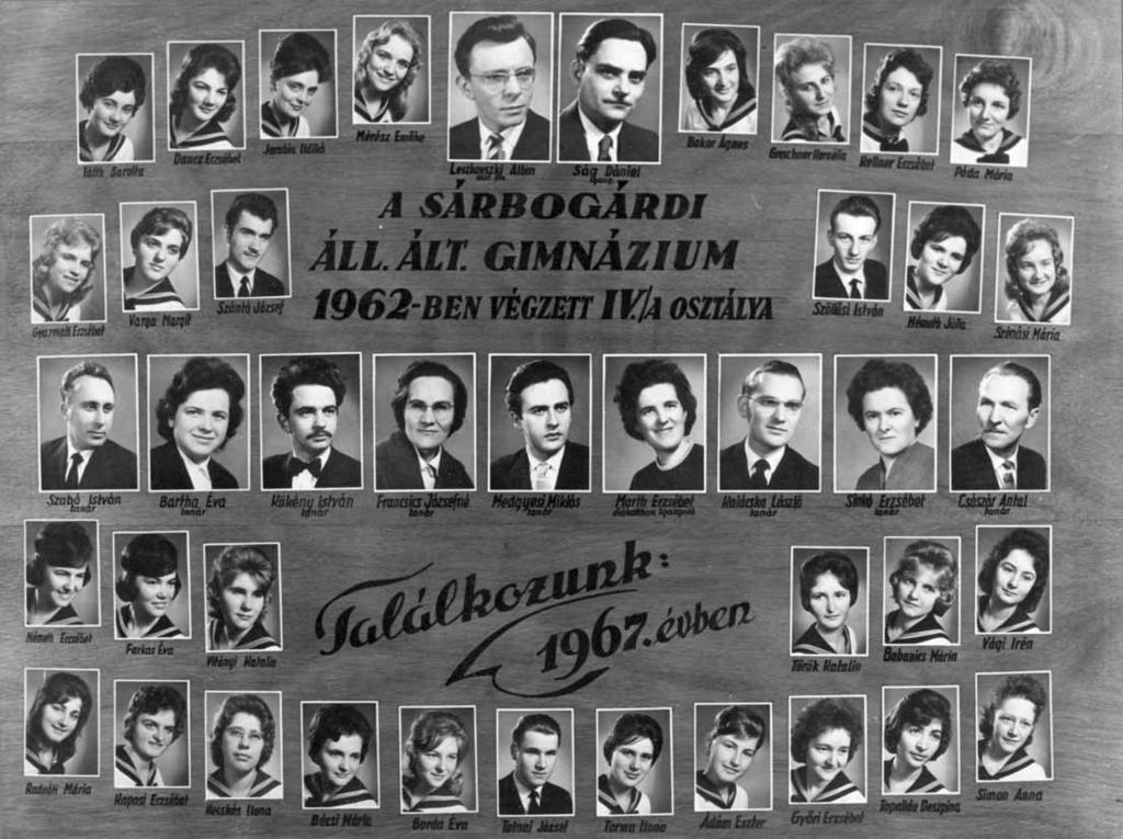 1958-1962 Tablók könyve 1961/62. tanév, IV. A Diákok soronként: 1. sor: Tótth Sarolta, Dancz Erzsébet, Jarabin Ildikó, Mérész Emõke, Bokor Ágnes, Greschner Kornélia, Kellner Erzsébet, Póda Mária; 2.