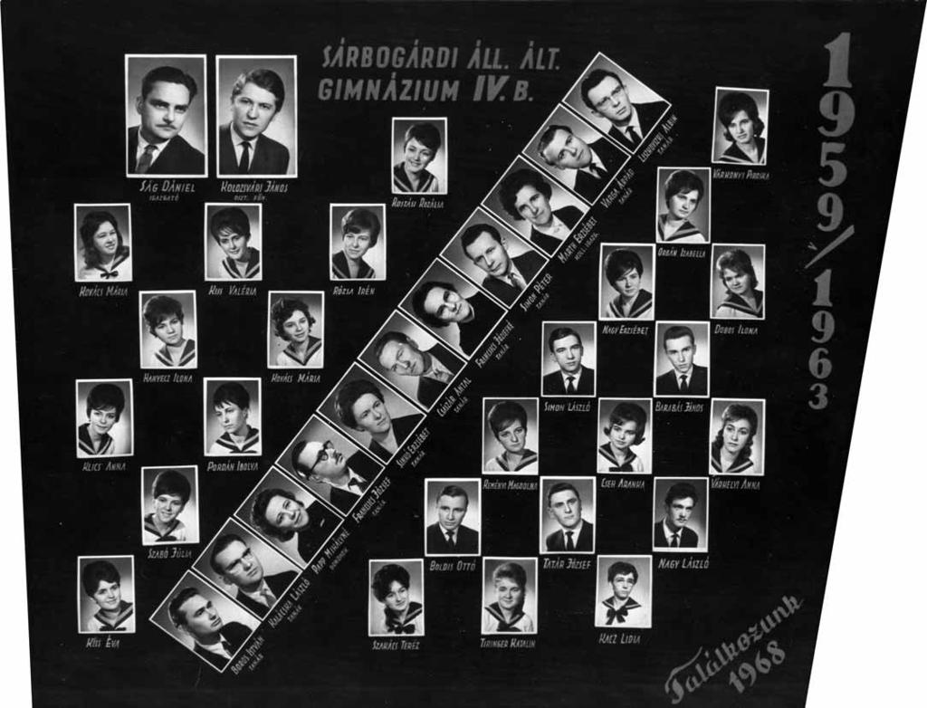 19 1962/63. tanév, IV. B Diákok soronként: 1. sor: Rostási Rozália, Orbán Izabella, Várkonyi Piroska; 2. sor: Kovács Mária, Kiss Valéria, Rózsa Irén, Nagy Erzsébet, Dobos Ilona; 3.