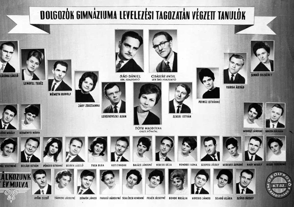 1961-1965 Tablók könyve 1964/65. tanév, levelezõ Diákok soronként: 1. sor: Szûcs Mihály, Szemenyei Mária, Mikuli Jánosné, Bruzsa Kálmán; 2.