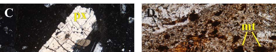 / 14/c. ábra: mikroszkópos felvétel (+N): piroxén (px) - plagioklász (pl) kumuloporfír (Füzesabony-Öregdomb lelőhely). / 14/d.