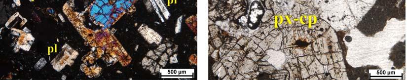ábra: mikroszkópos felvétel (1N): plagioklász (pl) és piroxén (px) fenokristályok; limonit-hematit
