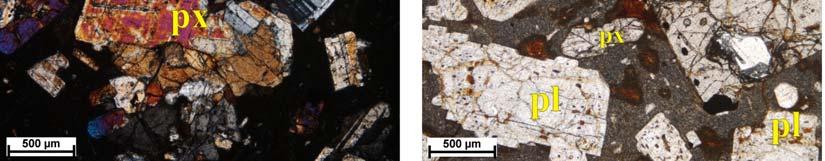 : photomicrograph (+N): pyroxene cumuloporphyr (px-cp); plagioclase (pl) and pyroxene (px) phenocrysts