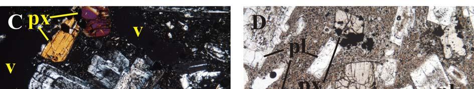 : photomicrograph (+N): zoned plagioclase (pl) phenocryst with polysinthetic and penetration twinning; pyroxen (px) phenocrysts; vesicles (v); much more crystallized groundmass (Szendrő site). / Fig.