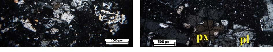 ábra: mikroszkópos felvétel (+N): zónás, poliszintetikusan ikresedett plagioklász fenokristály (pl); plagioklász (pl) - piroxén (px) kumuloporfír (Domoszló, 1.